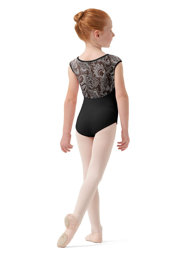 Mirella V-Neck Cap Sleeve Leotard with Printed Mesh Back M1558C